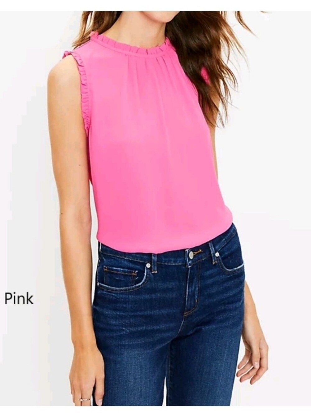 Ann Taylor Loft Ruffle Neck Mixed Media Pink Stretch Back Rayon Sleveless XS